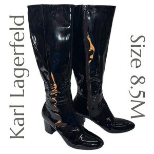 Karl Lagerfeld Paris - Black Patent Knee‑High Boots - Side Zip - Size 8.5M